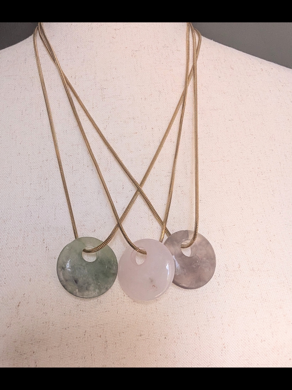 Gold Chain Three-Stone Quartz Pendant Necklaces - Pink, Green, Gray - Picture 13 of 14